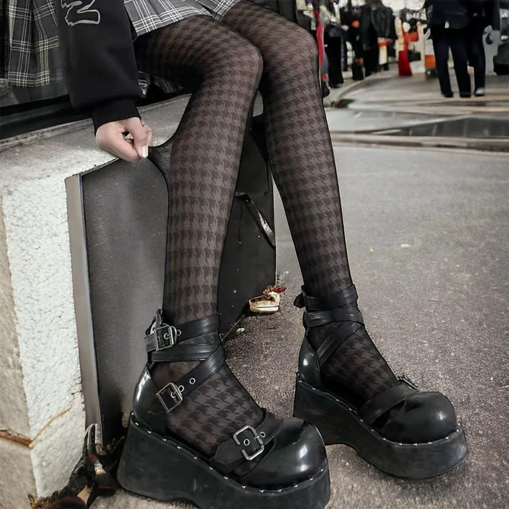 Houndstooth Black Pantyhose, High Waist Elastic‎ Footed Pantyhose One Size